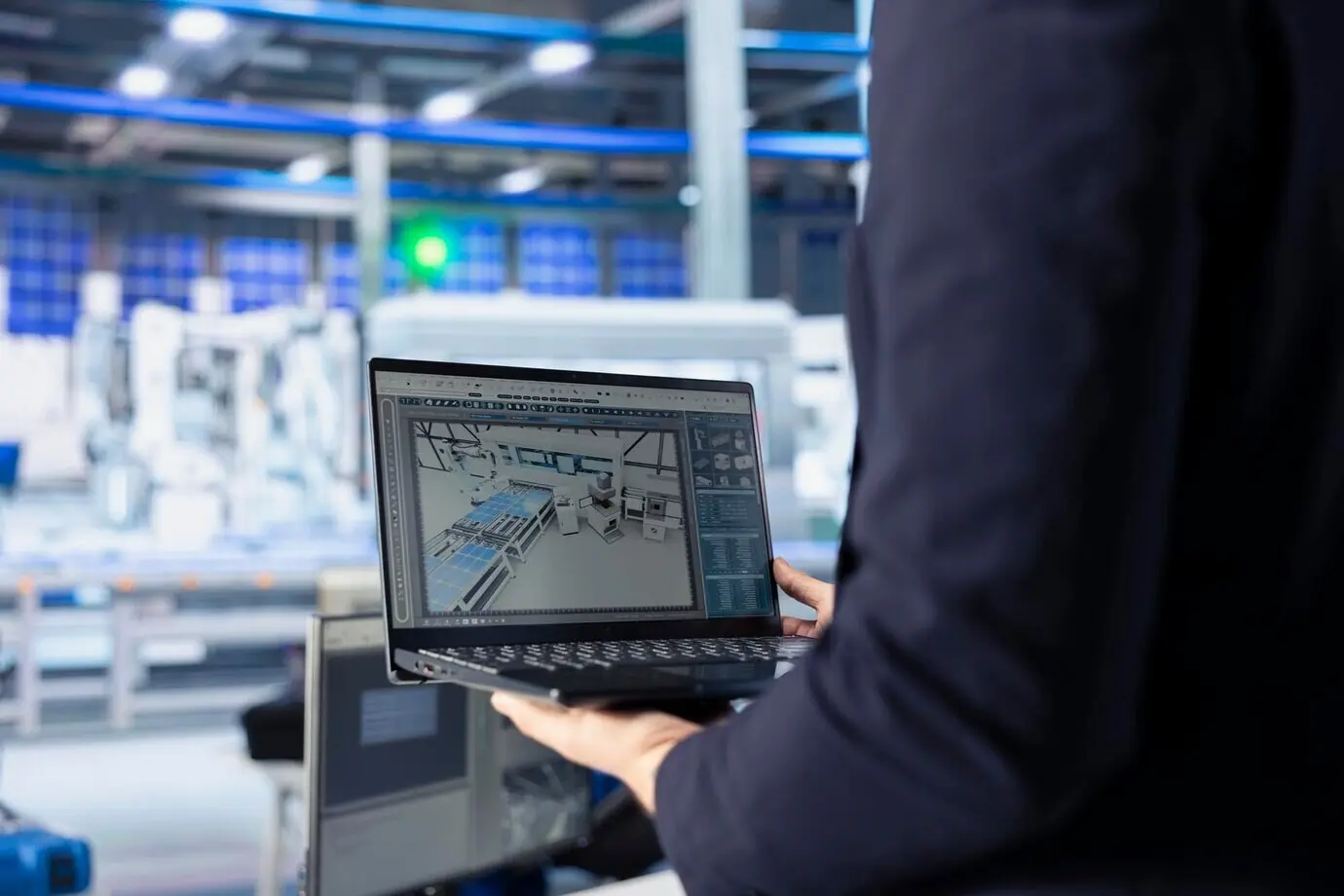 Ein Ingenieur in einer Photovoltaikfabrik verwendet auf einem Laptop Tracking-Software.