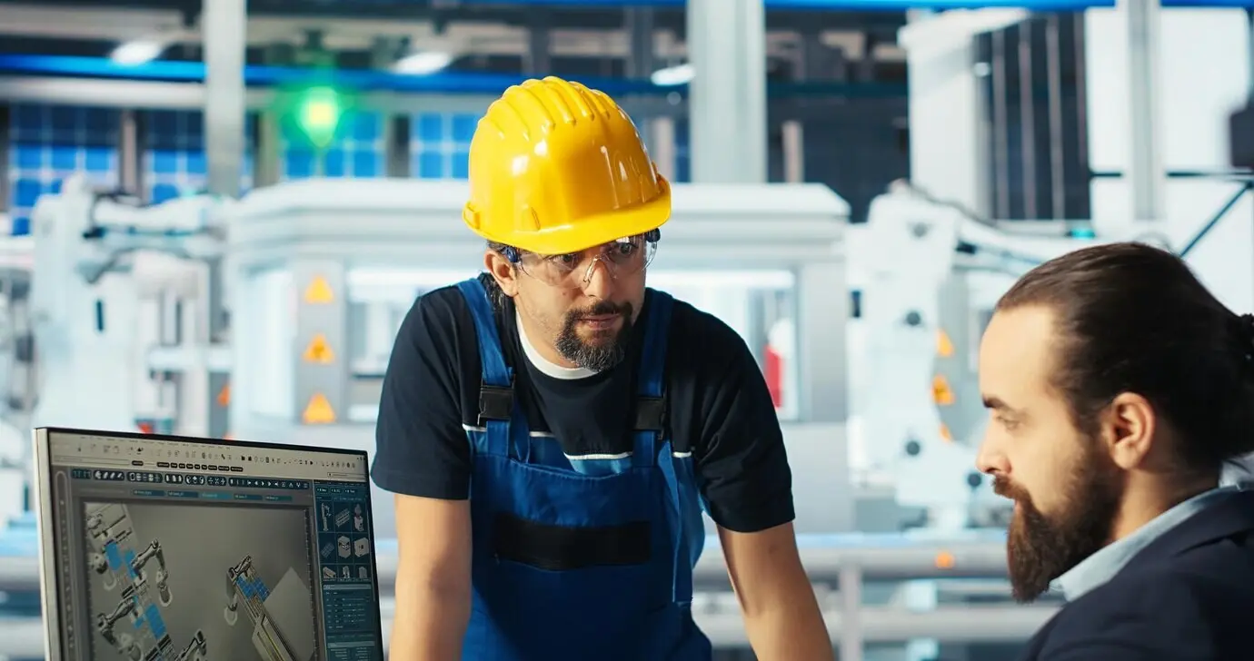 Manager einer Photovoltaikfabrik, der einem Mitarbeiter Aufgaben überträgt.