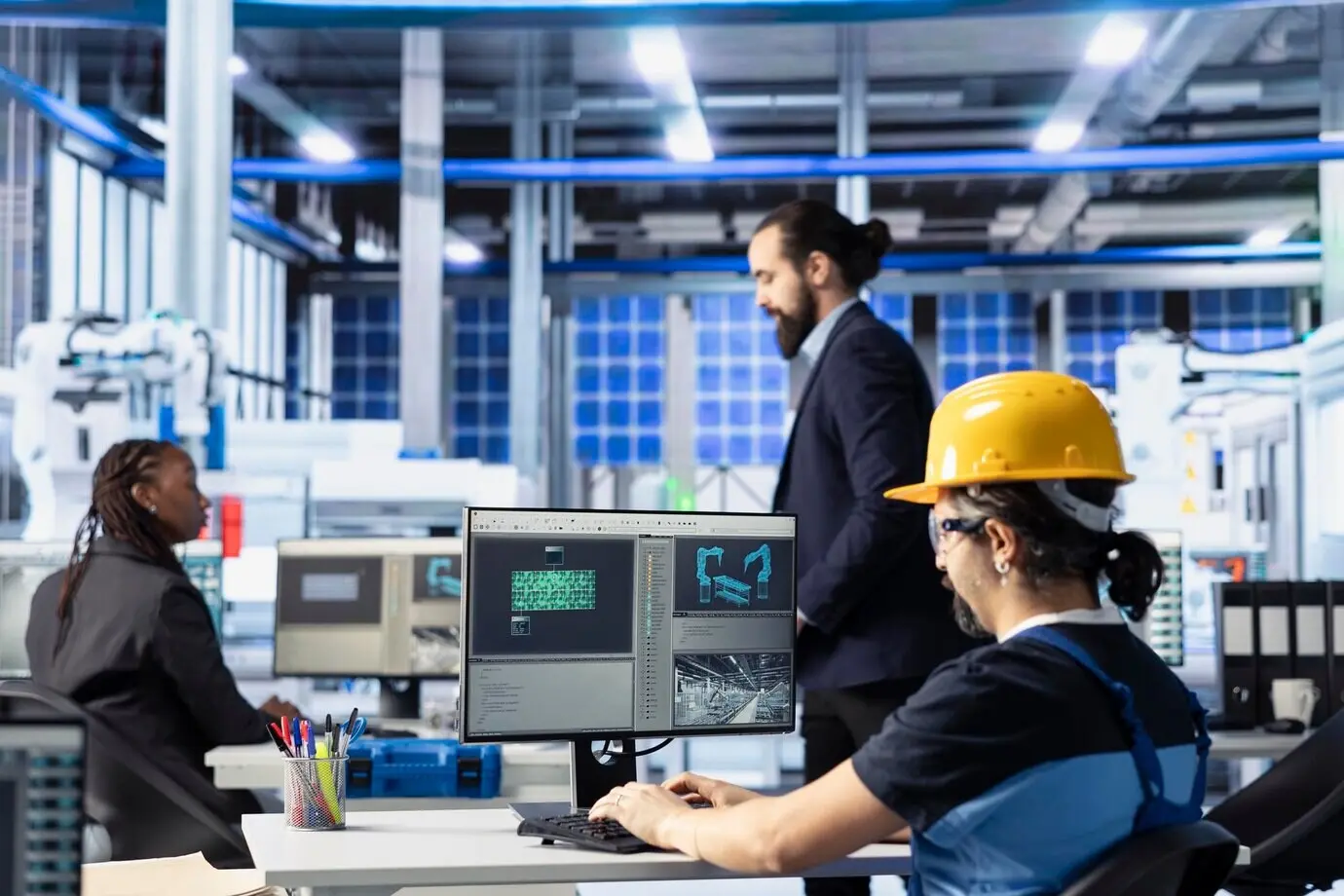 Ein Mitarbeiter einer Photovoltaikfabrik diagnostiziert mithilfe eines PCs Leistungsprobleme der Ausrüstung.