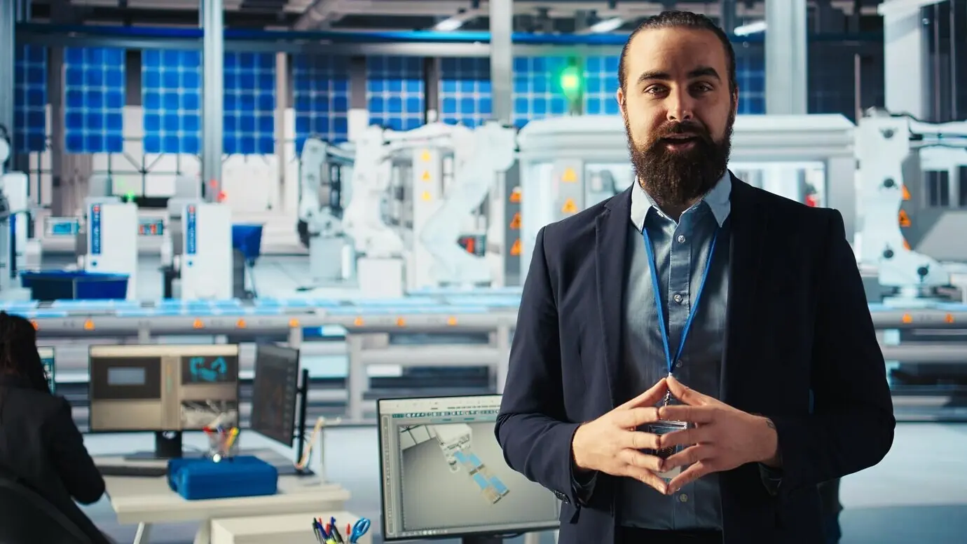 Ein Mann in einer Produktionsstätte für Solarmodule präsentiert die Produktion grüner Energie.